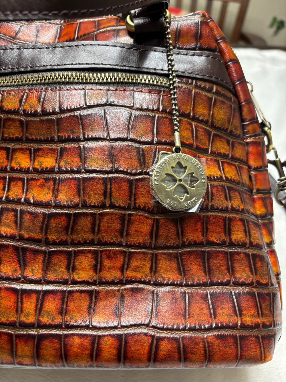Patricia Nash Brown Rosora Croc-Embossed Leather Satchel Autumn Bag - Picture 5 of 16